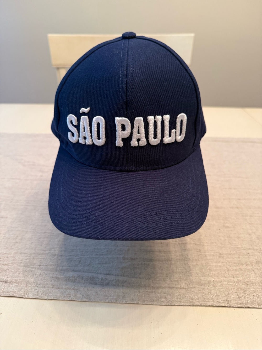 São Paulo Navy Baseball Cap with White Embroidered Text & Brazilian Flag on Back
